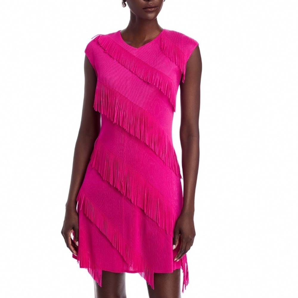 Nancy Yang Pink Sleeveless Crinkled Fringe Mini Dress D1005 Mens Size Medium NEW